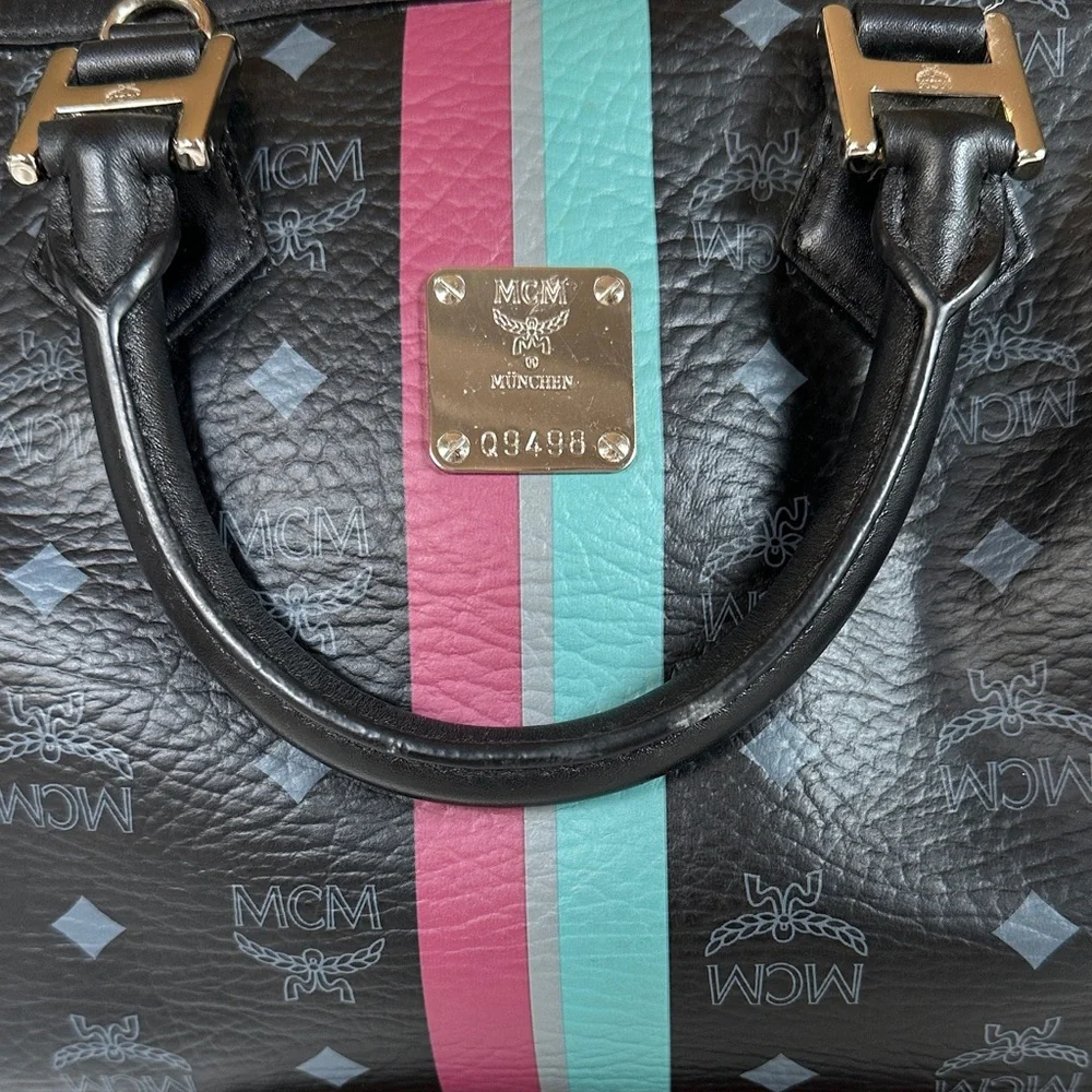 MCM Black Satchel with Pink and Teal Stripes - Picture 2 of 12